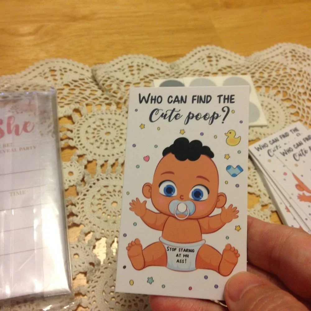 Cards for gender reveal party plus baby shower game